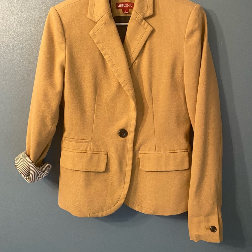 Target, size 2, tan wool blend blazer.  Hot pink under collar.  Striped cuff.